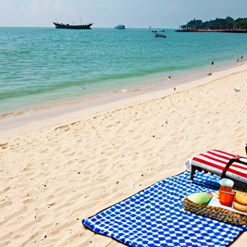 Home 4 **Port Dickson Beach:** A serene picnic setup on a white sandy beach in Port Dickson, Malaysia, featuring a checkered picnic blanket, beach chairs, a large umbrella, and the calm, clear ocean in the background. People are swimming and playing in the water. Focus on the relaxing atmosphere.
